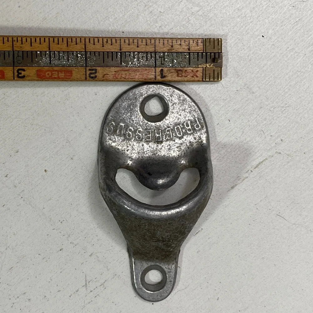 Vintage Progressus Wall Mount Bottle Opener Silver Metal Industrial Bar Tool